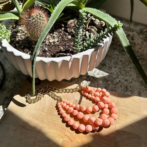 Necklace Pink Coral Gold Bead Multi Chain Vintage Chunky - Picture 2 of 2